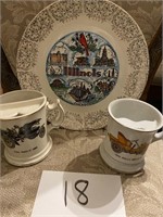 TWO SHAVING MUGS AND VINTAGE ILLINOIS PLATE