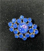 VIntage Blue Crystal & Millefiore Brooch