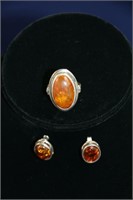 Sterling & Amber Cabochon Ring & Earrings