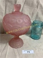 Frosted Pink Coin glass pedestal candy dish