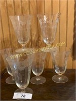 Set of 6 delicate etched water glasses