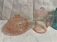 Pink depression domed butter dish & small pitcher