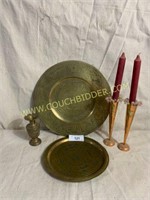 Etched brass trays vase & copper candlesticks
