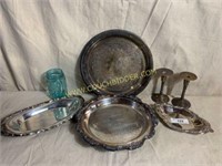 Silverplate serving pieces and candlesticks