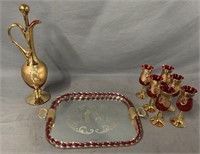 Venetian Ruby/Gold Decanter w/ Glasses