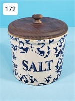 Blue Spongeware Salt Crock w/ Wood Lid