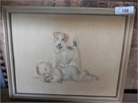 Vintage 3D Framed Baby/Dog Print- No Glass