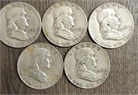 (5) U.S. Franklin Half Dollars