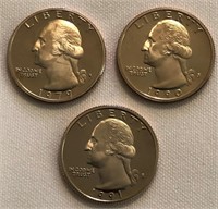 1979-S, 1990-S & 1991-S Proof Washington Quarters