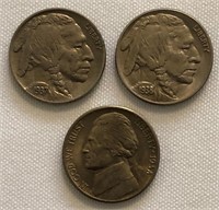 1937-P & D Buffalo and 1938-D Jefferson Nickels