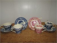H. Aynsley Transferware Blue & Red Teacups &