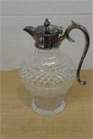 CUT GLASS EWER WITH SILVER TONED TRIM