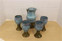 SIGNED GLAZED POTTERY PITCHER AND CUPS