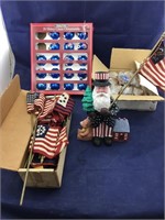 Patriotic Ornaments & Santa & Box of Small Flags