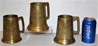 3 Matching Etched Brass Mugs w Glass Bottoms