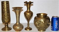 4 Brass Etched Vases - One w Dragons