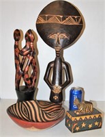 African Hand-Carved Wood Figurines, Box, Bowl