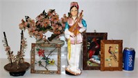 Asian Decor Lot - Stone Flowers, Art, Doll