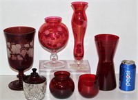 Red Glass Lot - Ruby, Etched, Vases & Bowl