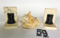 Marble Book Ends & Large Sea Shell
