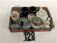 Misc. dishes cups, tea pot & candle holder