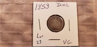 1853 Seated Dime VG