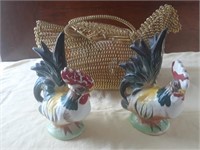 Wire chicken shaped basket , 2  rooster figures.
