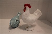 Ceramic  Bird5 x 7 x 4 & Milk Glass Chicken Dish 7