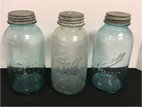 Three 2 Quart Blue Ball Canning Jars & Zinc Lids