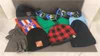 Men’s lot of toques, socks, scarves, and one pair
