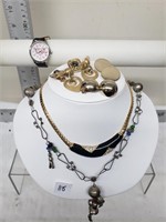 2 necklaces 4 clip-on earrings watch