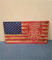 Wooden Flags wall hanging with Kokomo Fire Dept. s