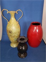 3 VASES - TALL METAL URN, RED CERAMIC, BLACK STONE