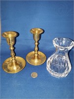 2 BRASS CANDLE STICKS AND SMALL CRYSTAL VASE