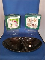 2 SETS COASTERS (AS IS) AND BLACK DIVIDED DISH