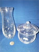 ETCHED GLASS VASE AND COVERED JAR