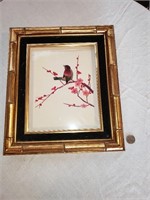 JAPANESE FRAMED ART - SILK BIRD ON CHERRY BLOSSUMS