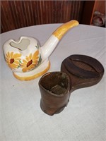 PIPE ASHTRAY AND LEATHER/WOOD PIPE REST