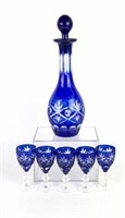 Cobalt Cut to Clear Crystal Decanter & Sherry
