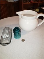 VINTAGE WHITE PITCHER, BUTTER DISH, AND INSULATOR