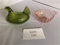 Hen on the Nest and Pink Depression Glass Bowl