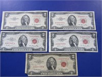 5 Red Two Dollar Bills-(4) 1953,( 1)1953 A