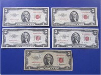 5 Red Two Dollar Bills-(3) 1953A ,( 2)1953 b
