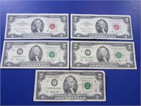 5 Red Two Dollar Bills-(2) 1963, (1) 1995, (2)2003