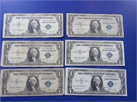 6 Silver One Dollar Certificates-(5)1935,(1)1935E