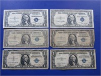 6 One Dollar Silver Certificates(2)1935,(1)1935A,