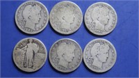 6 Silver Quarters-Barber-1898,1902,1905,1909,1911,