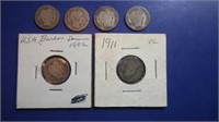 6 Barber Silver Dimes-1902,'03,'08,1911,1914D,1915