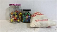 2 Glass Jars of Marbles & 1 Bag Magnetic Marbles