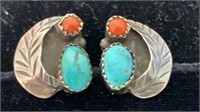 Turquoise+red silver stone clip on earrings